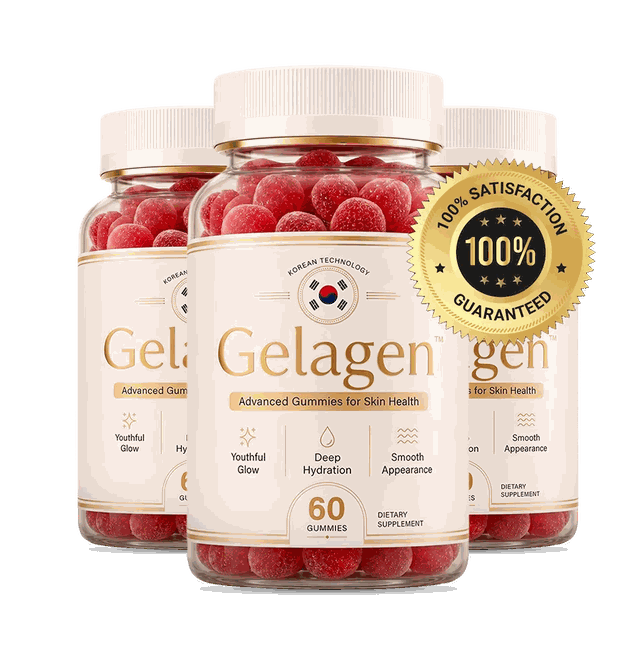 A group of Gelagen bottles beside a 60-day money-back guarantee seal
