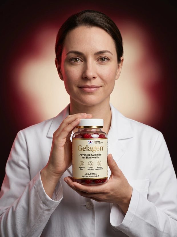 A bottle of Gelagen Advanced Gummies for Skin Health held in one hand against a warm background