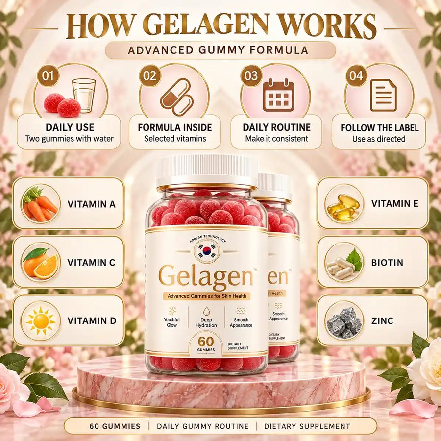 The seller&rsquo;s How Gelagen Works panel, showing daily use, formula inside, daily routine and follow the label