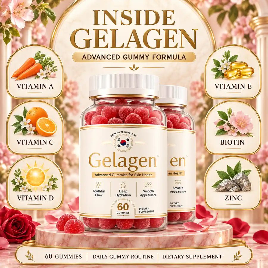 The seller&rsquo;s Inside Gelagen panel, naming vitamin A, vitamin C, vitamin D, vitamin E, biotin and zinc around a bottle of gummies